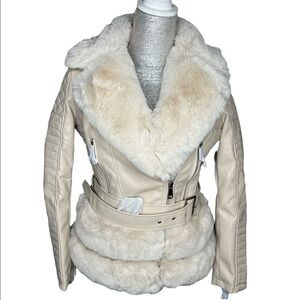 NWT Pallivare Women's Faux Fur Collar Leather Jacket Zip UP Size S